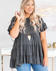 Gray Tiered Ruffled Short Sleeve Plus Size Women's Top