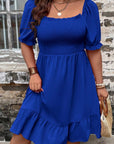 Dark Blue Shirred Ruffled Square Neck Plus Size Mini Dress