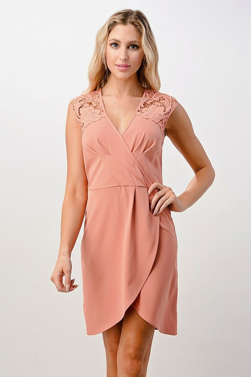 Lace Shoulder Overlap Mini Women&#39;s Dress