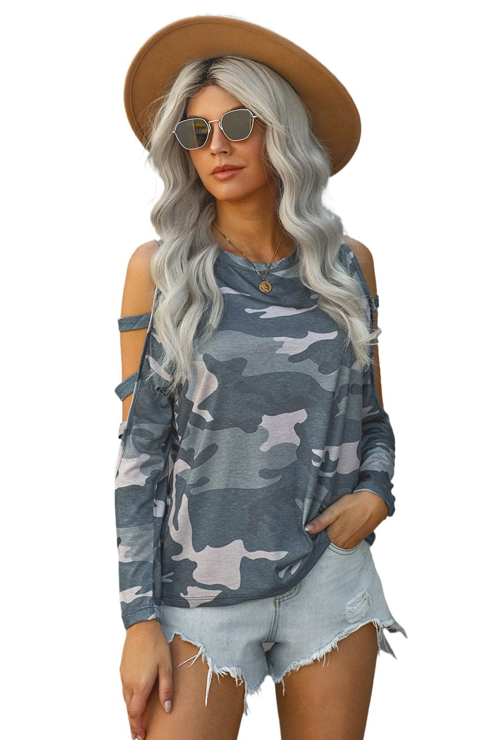 Camouflage Shoulder To Hollow Out Long Sleeve Women&#39;s Top