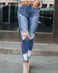 Dark Blue Washed Distressed Pants with Slits Skinny Jeans