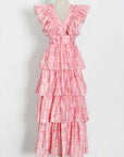 Pink Deep V Neckline Long Dress Tiered Ruffled Summer Dress