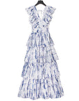 Pink Deep V Neckline Long Dress Tiered Ruffled Summer Dress