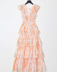 Pink Deep V Neckline Long Dress Tiered Ruffled Summer Dress