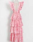 Pink Deep V Neckline Long Dress Tiered Ruffled Summer Dress