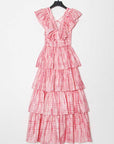 Pink Deep V Neckline Long Dress Tiered Ruffled Summer Dress