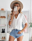 V-neck Cotton Hollow Out Pleated Casual Tops