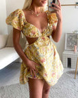 Yellow Floral Embroidered Mini Summer Dress