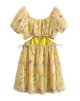 Yellow Floral Embroidered Mini Summer Dress