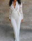 Crochet Lace Plunge Long Sleeve Pants Jumpsuit