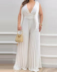 Deep V-Neck Pleated Wide Leg Pants Jumpsuit