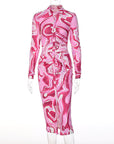 Long Sleeve Printed Bodycon Pink Pencil Midi Women's Dress