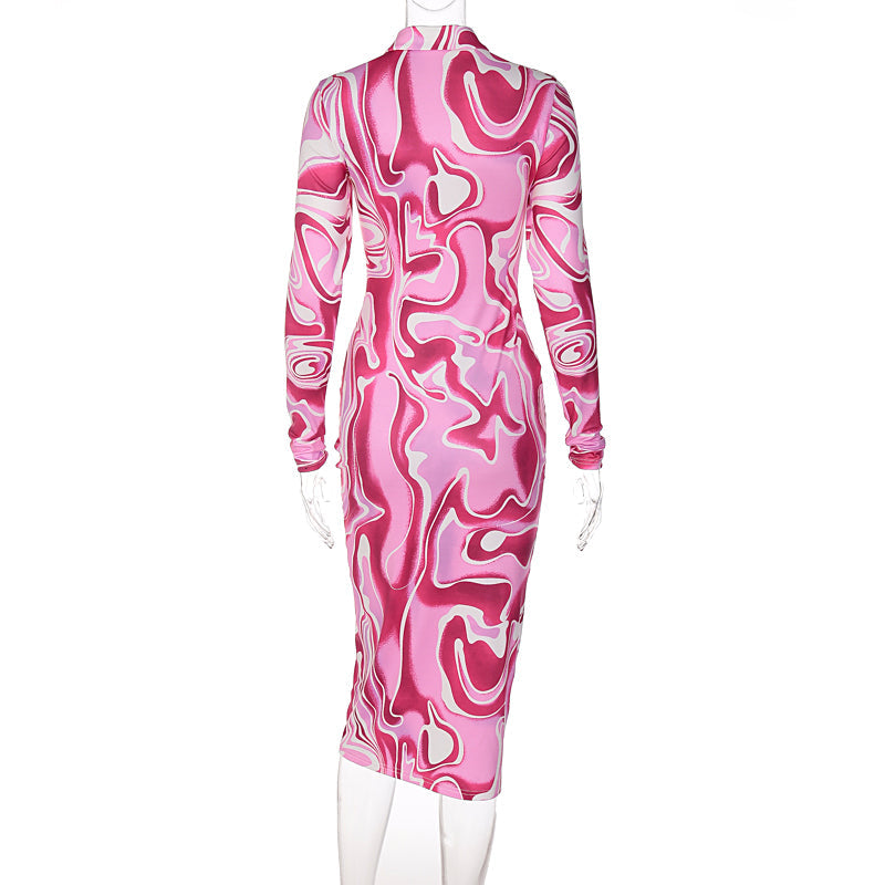 Long Sleeve Printed Bodycon Pink Pencil Midi Women&#39;s Dress