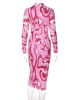 Long Sleeve Printed Bodycon Pink Pencil Midi Women's Dress