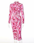 Long Sleeve Printed Bodycon Pink Pencil Midi Women's Dress