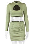 Hollow out Long Sleeves Crop Tops And Mini Skirt