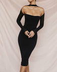 Mesh Halter Dress Long Sleeve Hollow out Bodycon Midi Dress