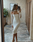 Mesh Halter Dress Long Sleeve Hollow out Bodycon Midi Dress