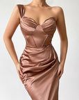 Satin Bodycon Dress One Shoulder Ruched Split Irregular Zip Dress