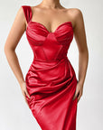 Satin Bodycon Dress One Shoulder Ruched Split Irregular Zip Dress