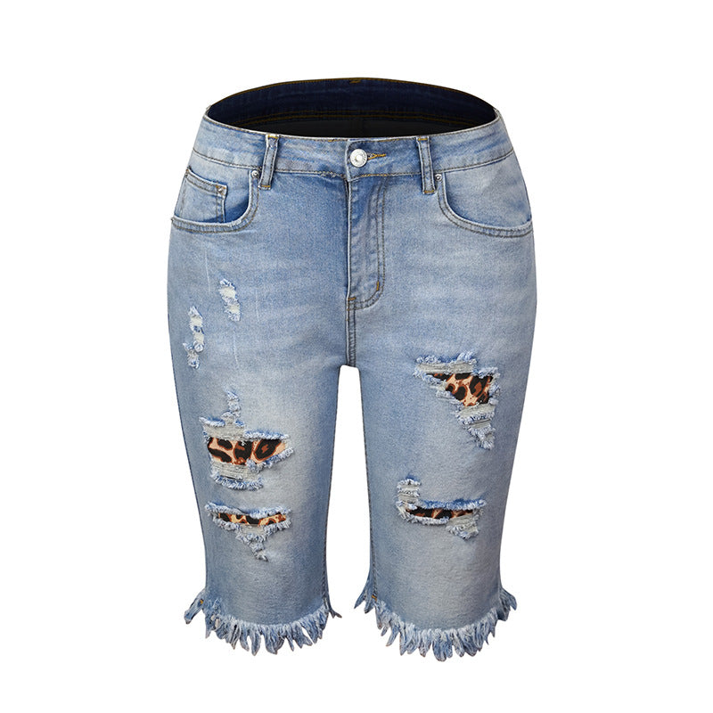 Fringed High Elasticity Mid-Waist Pants Cropped Ripped Jeans