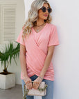 Casual Short-Sleeve V-Neck Tops with Knotted Front