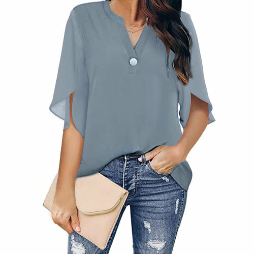 Short Sleeved Solid Color V-neck Chiffon Tops