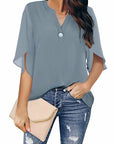 Short Sleeved Solid Color V-neck Chiffon Tops