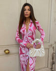 Long Sleeve Printed Bodycon Pink Pencil Midi Women's Dress