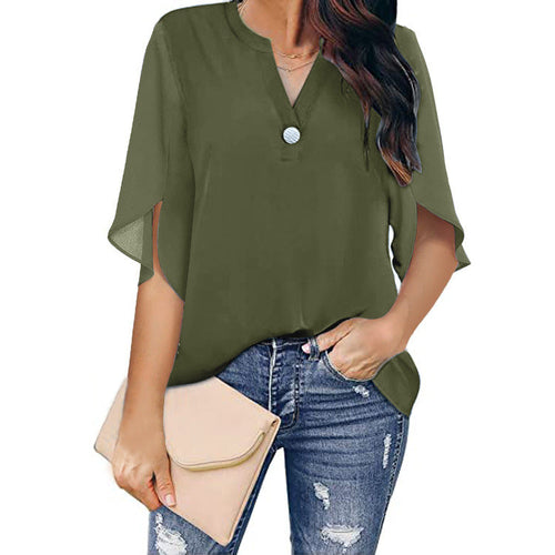 Short Sleeved Solid Color V-neck Chiffon Tops