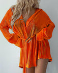 Green Pleated Skinny Puff Sleeve Pleated Dress