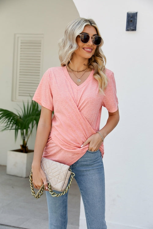 Casual Short-Sleeve V-Neck Tops with Knotted Front