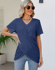 Casual Short-Sleeve V-Neck Tops with Knotted Front