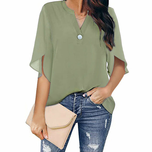 Short Sleeved Solid Color V-neck Chiffon Tops