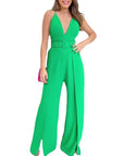 V-neck High-waisted Jumpsuit with Split Wide Leg Pants with Belt