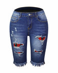 Fringed High Elasticity Mid-Waist Pants Cropped Ripped Jeans