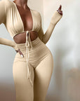 Sexy Tie-up Hollow-out Long-sleeved Pants Jumpsuit