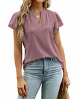 Jacquard V-Neck Top with Puff Sleeves