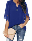 Short Sleeved Solid Color V-neck Chiffon Tops