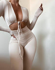 Sexy Tie-up Hollow-out Long-sleeved Pants Jumpsuit