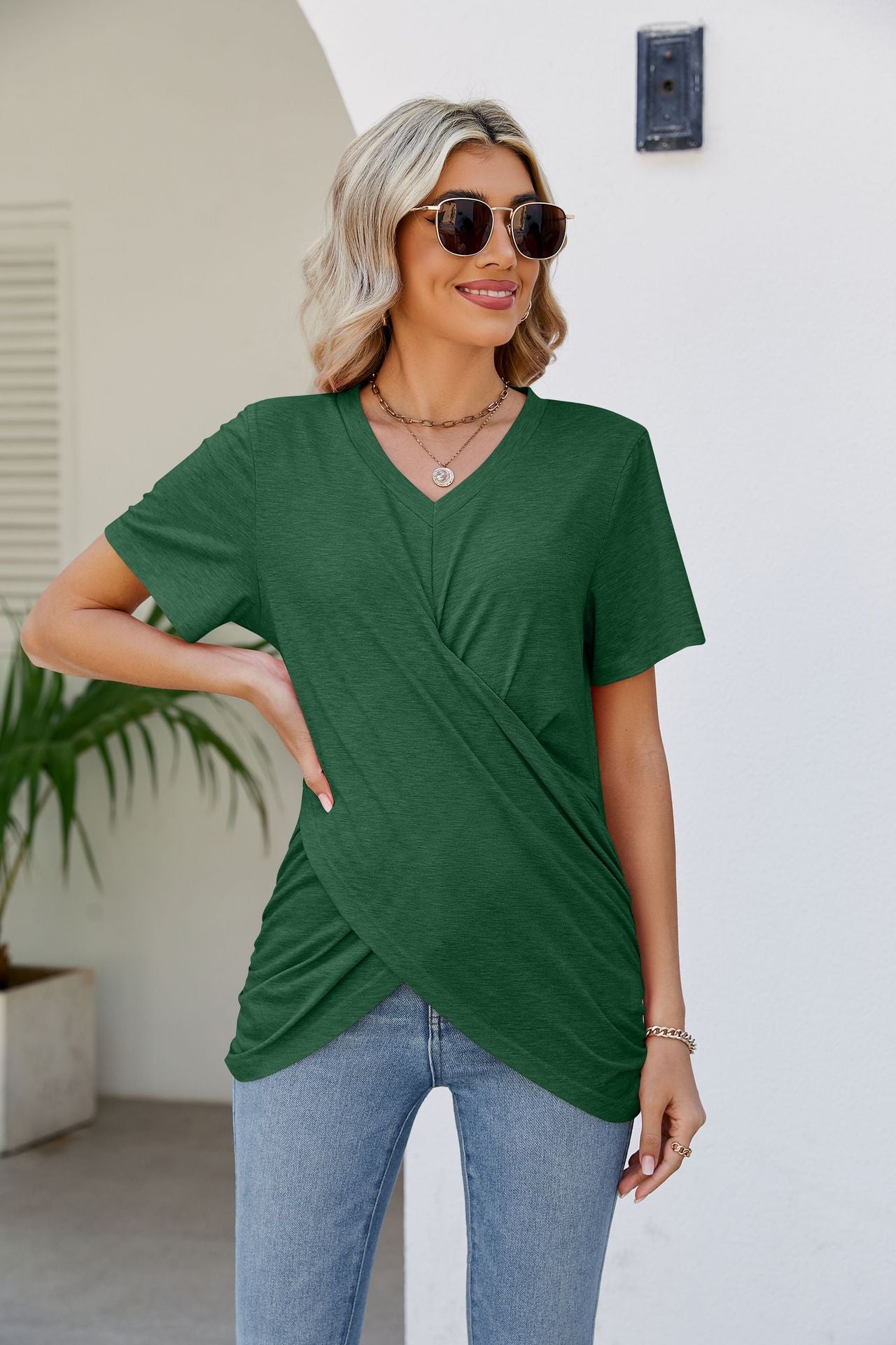 Casual Short-Sleeve V-Neck Tops with Knotted Front