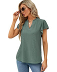 Jacquard V-Neck Top with Puff Sleeves