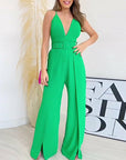 V-neck High-waisted Jumpsuit with Split Wide Leg Pants with Belt