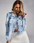 Fashionable Tops  Women's Denim Jacket with Distressed Details