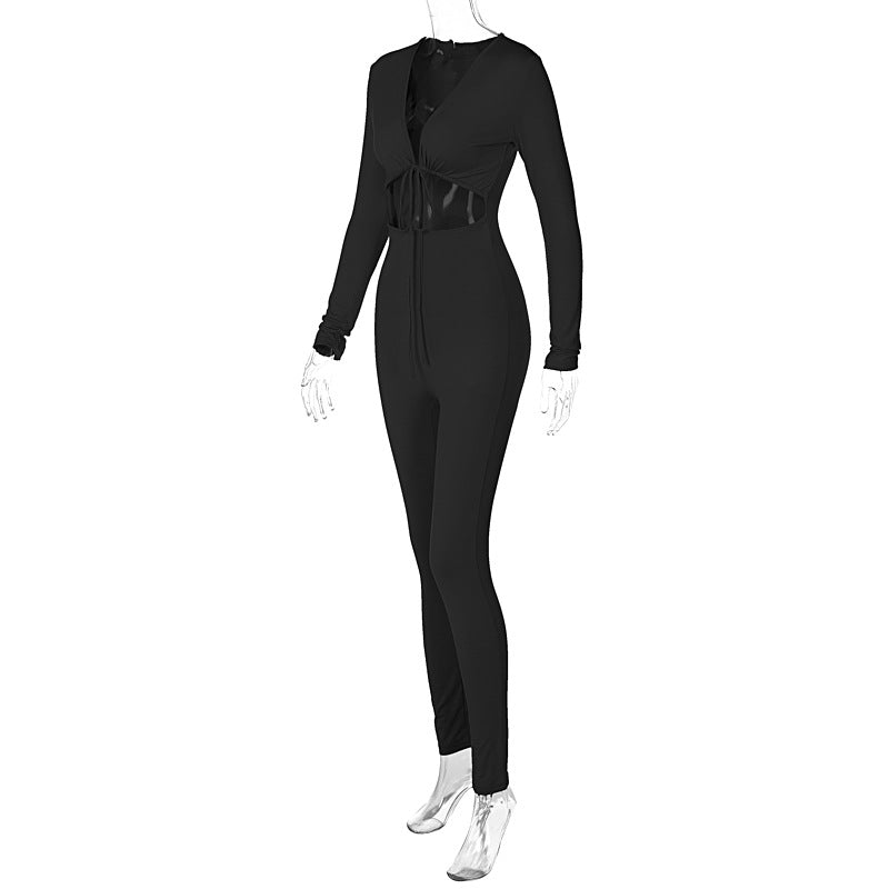 Sexy Tie-up Hollow-out Long-sleeved Pants Jumpsuit