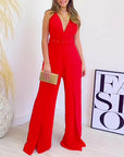 V-neck High-waisted Jumpsuit with Split Wide Leg Pants with Belt