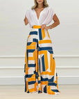 V-neck Bat Sleeve Top Printed Wide-leg Pants Suit