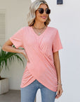 Casual Short-Sleeve V-Neck Tops with Knotted Front