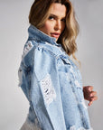 Fashionable Tops  Women's Denim Jacket with Distressed Details