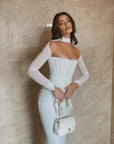 Mesh Halter Dress Long Sleeve Hollow out Bodycon Midi Dress